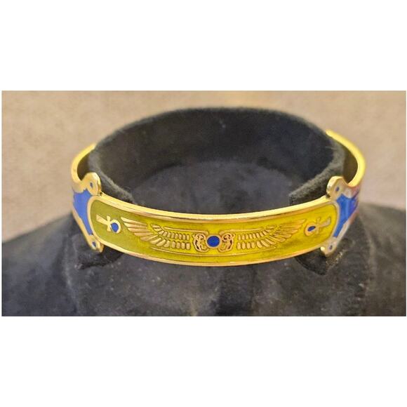 Handmade Egyptian Isis Wings Power Cuff with Yellow & Blue Enamel - Picture 2 of 4